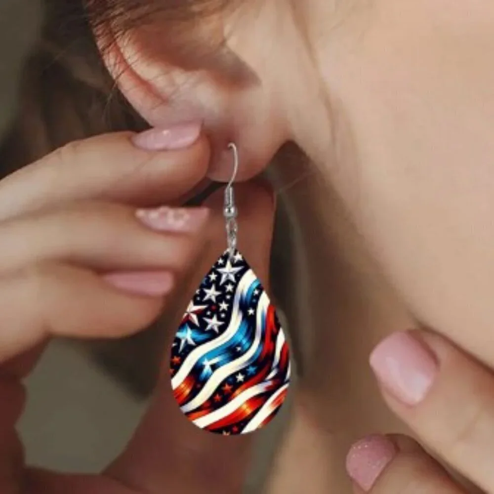 Red And Blue Five-Pointed Star Flag Pattern Leather Earrings Independence Day